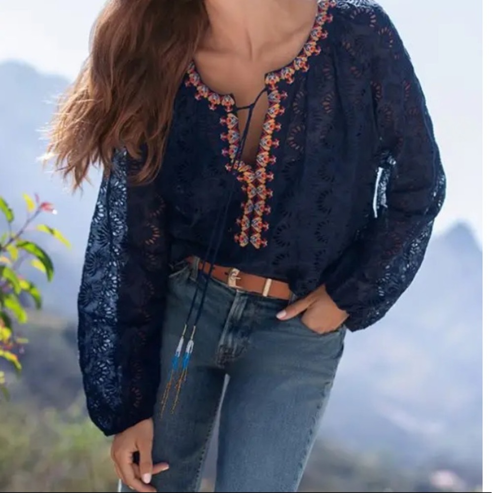 Johnny Was Navy Blue Embroidered Lace Peasant Blouse